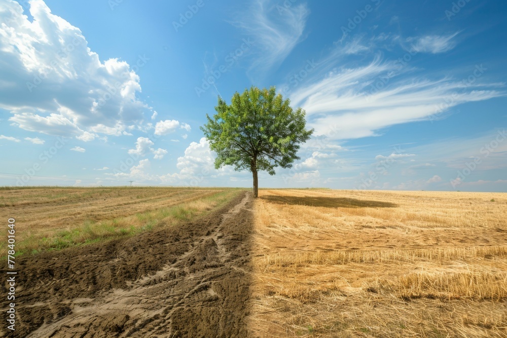 Poster tree in drought concept. climate change and environmental problems. backdrop with selective focus