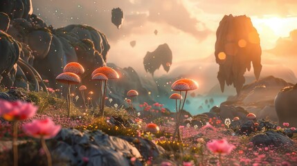 An alien planet with surreal landscapes and bizarre flora, where towering rock formations and bioluminescent mushrooms dot the horizon,  - obrazy, fototapety, plakaty