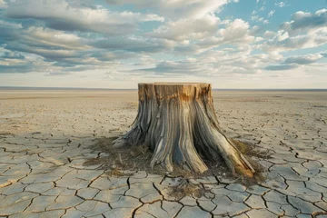 Deurstickers Stump from felled tree in drought concept. Record summer heat. Backdrop of the consequences of environmental problems © Space Priest