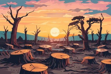 Deforestation in drought concept. Record summer heat in illustration style. Backdrop