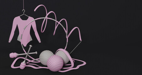 ribbons, balls, mace, hoop gynastic leotard for rhythmic gymnastics 3 d render cartoon, pink silver on a black background