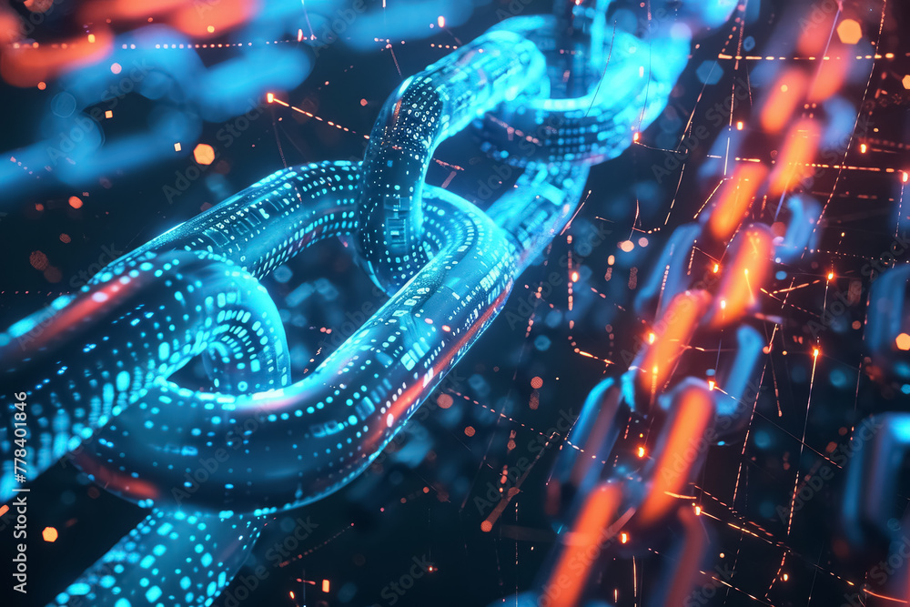 Poster digital illustration of dynamic blue blockchain links.