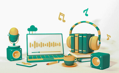 books and audio headphones next to a laptop cup, phone, microphone 3d cartoon rendering, green and yellow on a white isolated background