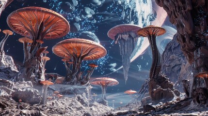An alien planet with surreal landscapes and bizarre flora, where towering rock formations and bioluminescent mushrooms dot the horizon,  - Powered by Adobe