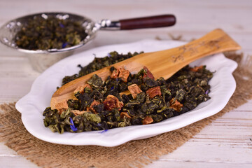 Fruity floral aromatic tea.Close-up.Selective focus.
