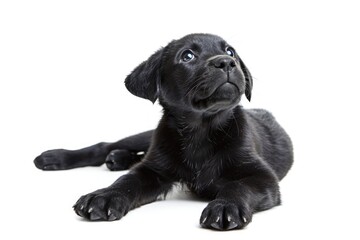 Obraz premium Adorable Black Lab Puppy Gazing Upwards. Isolated Shot of a Furry Two-Month Old Canine