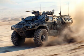 Advance to Victory: Armored Military Vehicle in High-Speed Motion Blur Over Sandy Battlefield
