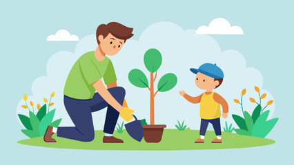father and son planting a tree vector illustration