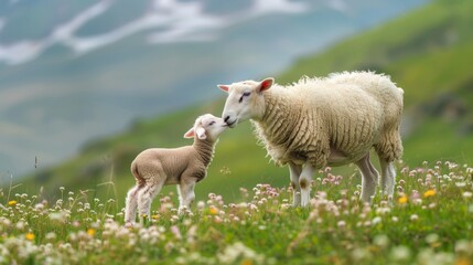 Obraz premium The sheep and lamb in the meadow up close, the concept of spring.