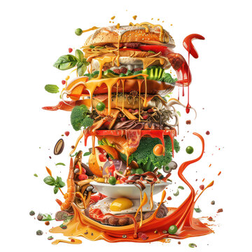 Recipe depiction melting into a fusion of diverse cuisines.,The picture is beyond description 2D illustration