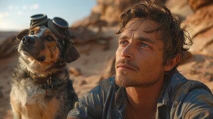 A close-up portrait of a man and a dog looking into the distance, the concept of man's most faithful comrade.
