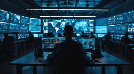 An advanced cybersecurity operations center, monitoring and defending against cyber threats with sophisticated threat detection and response capabilities. - obrazy, fototapety, plakaty
