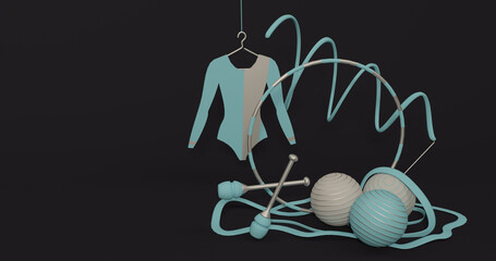 ribbons, balls, mace, hoop gynastic leotard for rhythmic gymnastics 3 d render cartoon, blue silver on a black background