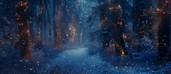 a snow covered path in a forest with lights