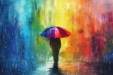 Bad Day Blues? Not with this Rainbow Umbrella! Illustration of Person in Pop Art Style with Dripped Colors and Holiday Decoration