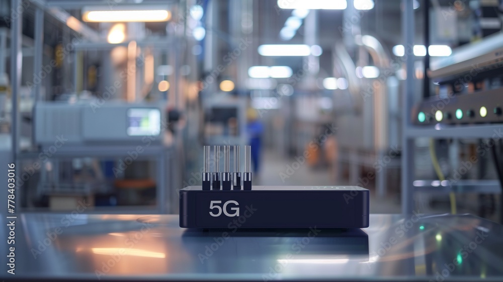 Poster industrial factory showcasing 5g connection technology for high-speed wifi internet, enhancing manuf