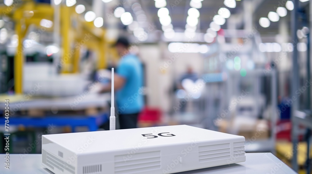 Poster industrial factory showcasing 5g connection technology for high-speed wifi internet, enhancing manuf