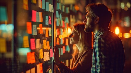 a man and woman looking at sticky notes on a window