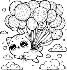 Fototapeta premium Chat style kawaïï dessin au trait, isolé, idéal pour conception page de livre de coloriage pour enfant ou adulte. Chat ou chaton vole dans les nuages et le ciel avec ses ballons 