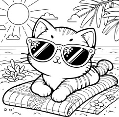 Chat style kawaïï dessin au trait, isolé, idéal pour conception page de livre de coloriage pour enfant ou adulte. Chat a la plage allongé sur le sable avec ses lunettes de soleil au soleil.  - obrazy, fototapety, plakaty