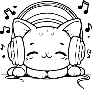 Chat style kawa&iuml;&iuml; dessin au trait, isol&eacute;, id&eacute;al pour conception page de livre de coloriage pour enfant ou adulte. Chaton &eacute;coute de la musique avec ses &eacute;couteurs ou casque audio. Notes de musique?