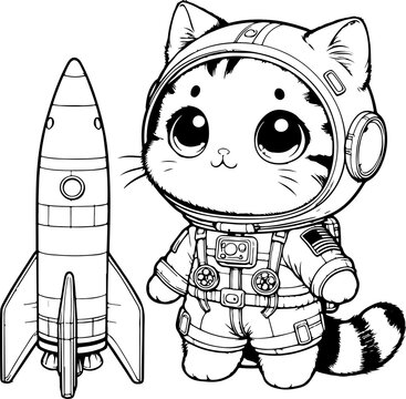 Chat style kawa&iuml;&iuml; dessin au trait, isol&eacute;, id&eacute;al pour conception page de livre de coloriage pour enfant ou adulte. Chat ou chaton astronaute avec sa combinaison et sa fus&eacute;e spatiale. 