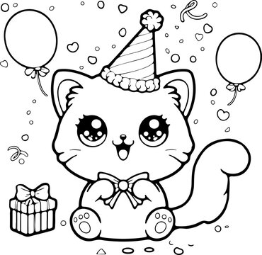 Chat style kawa&iuml;&iuml; dessin au trait, isol&eacute;, id&eacute;al pour conception page de livre de coloriage pour enfant ou adulte. Chat ou chaton content, avec cadeau d'anniversaire et ballons. 