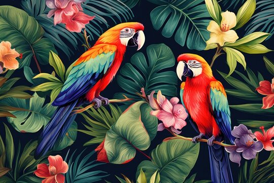 Tropical flowers and leaves background with parrots. Colorful summer illustration design. Exotic tropical art print for travel and holiday, fabric and fashion