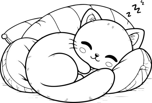 recommend clip art: Chat style kawaïï dessin au trait, isolé, idéal pour conception page de livre de coloriage pour enfant ou adulte. Chat fait sa sieste dans ses couvertures. 