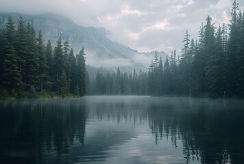 a lake surrounded by trees and mountains - Powered by Adobe