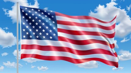 Waving American flag at cloudy sky. Symbol of the United States of America isolated on cloudy sky. Modern illustration.