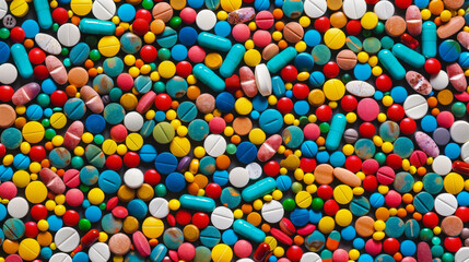 Fototapeta na wymiar A multitude of colorful pills and capsules fill the frame in a dense pattern.
