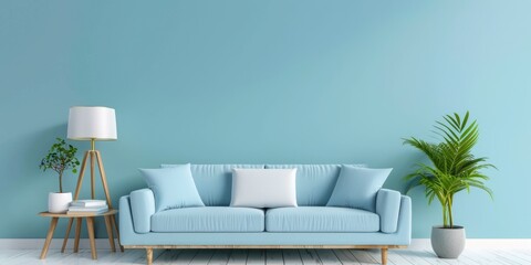 Beautiful Light Blue Living Room with Cozy Furnishings and Greenery. 3D Rendered Contemporary Apartment Interior Design