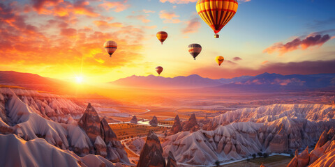 hot air balloons float over a rugged landscape at dawn - obrazy, fototapety, plakaty