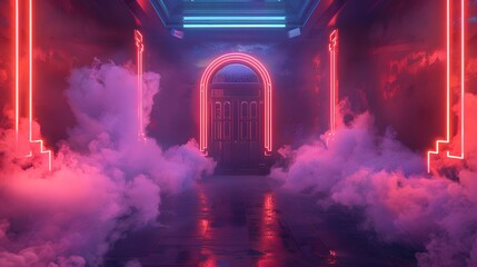 a room with a door and smoke