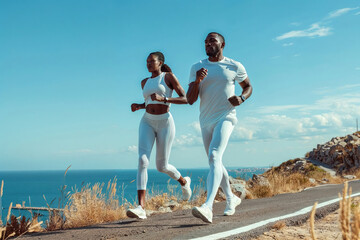 Coastal run at sunset: couple black fitness routine. Generative AI
