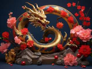 Obraz premium Golden Majestic Dragon Amidst Blossoming Flowers