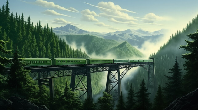 A symphony of green and steel: the train glides across a trestle bridge, connecting distant valleys. Nature applauds this sustainable passage