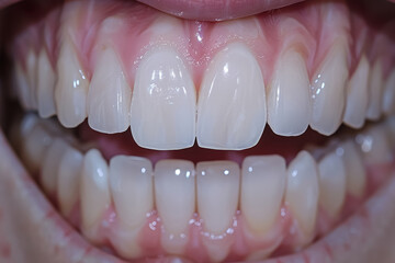 Close-up view of variously stained adult teeth with visible dental plaque.