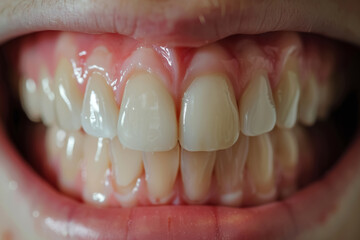 Close-up view of variously stained adult teeth with visible dental plaque.