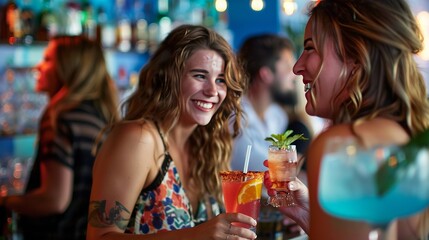 Friends enjoy vibrant cocktails at a lively gathering, creating a festive atmosphere. The shallow depth of field captures their moment of cheer.