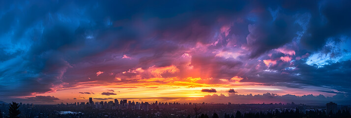 Stunning Skyline: An Aesthetic Transition From Sunset to Twilight Over the Silhouette Cityscape and...