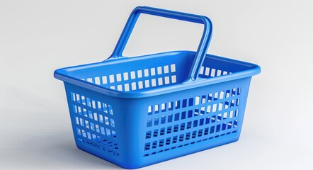Closeup of Realistic Blue Shopping Basket; Plastic Container with Handle Isolated on White. Three-Dimensional Model and 3D Render