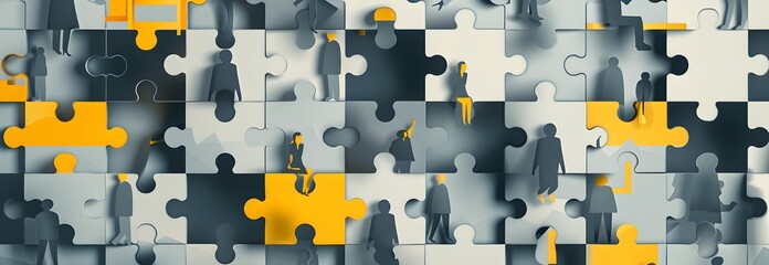 a puzzle pieces with people on them - obrazy, fototapety, plakaty