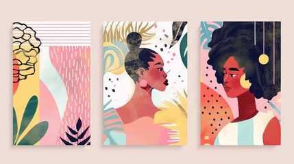 An elegant set of trendy 8 March cards. International Women's Day banners. Y2K style creative modern illustration with aesthetic blurry elements and linear forms. Minimalist design for parties, ads,
