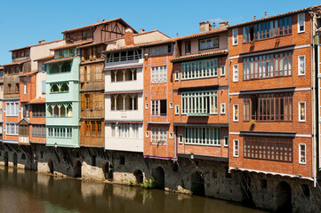 Old coloured houses on the River Agout, Castres Languedoc Roussillon France