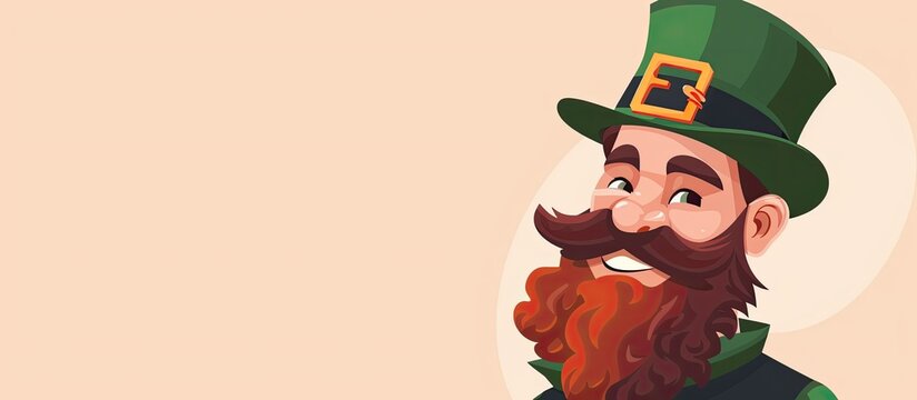 A cartoon illustration of a happy leprechaun with a green hat and a beard, looking pleased. The artwork depicts the leprechaun in a joyful gesture, surrounded by plants and a musical instrument