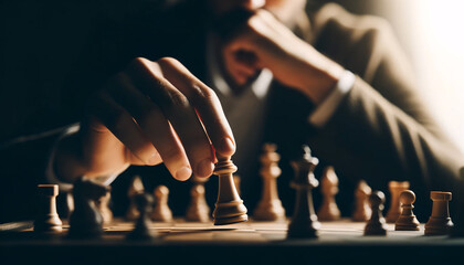 A person playing chess, with a close-up of their hand gripping a chess piece, about to make a strategic move - obrazy, fototapety, plakaty
