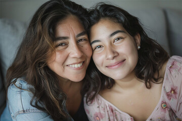 Happy Hispanic mother and daughter having tender moment together. Parents love and unity concept