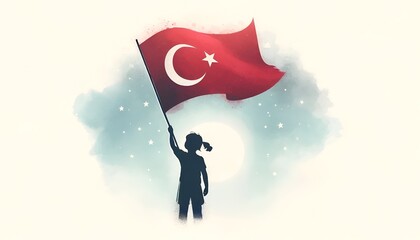 Watercolor illustration of a child silhouette holding a turkish flag. - obrazy, fototapety, plakaty